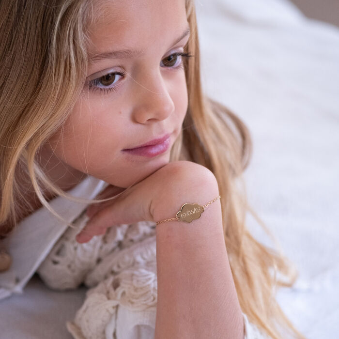 Pulsera cadena infantil personalizada medalla grabada baño oro nube 2 orificios 20x14 mm