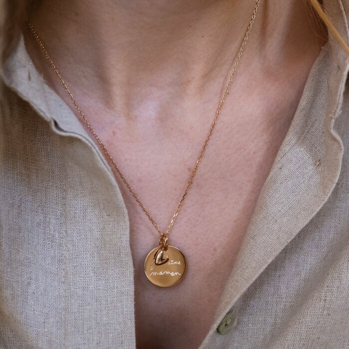 Personalised Gold-Plated Engraved Pendant 19 mm with Small Domed Heart Charm 7 mm- HappyBulle x Atelier Wagram