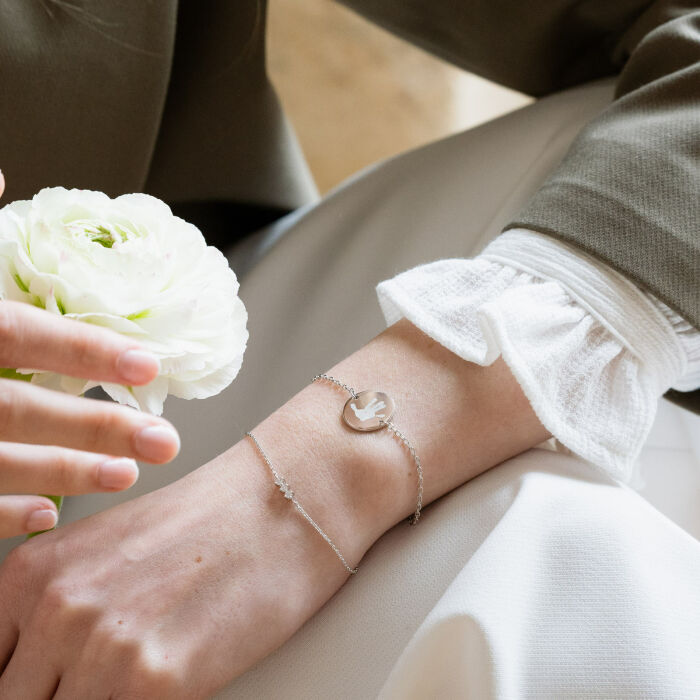 Dúo pulseras personalizadas cadena trío brillante y medalla grabada plata 2 orificios 15 mm