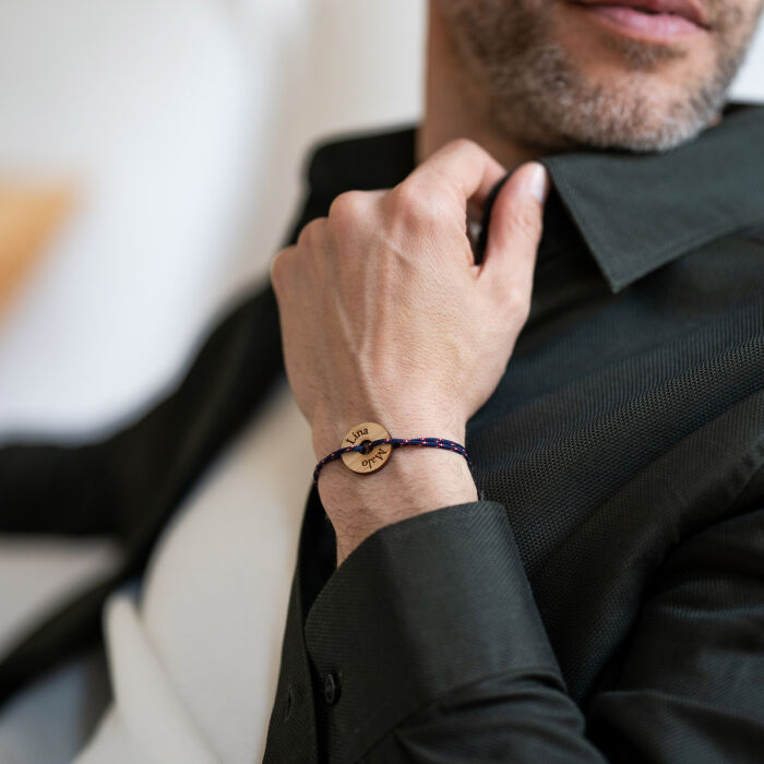 Pulsera hombre personalizada cordaje marino simple diana grabada madera redonda 21 mm