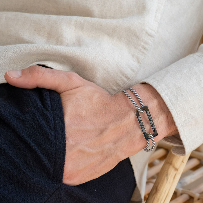 Men's Personalised Braided Cord Bracelet with Engraved Steel Open Rectangle Charm 32x14 mm