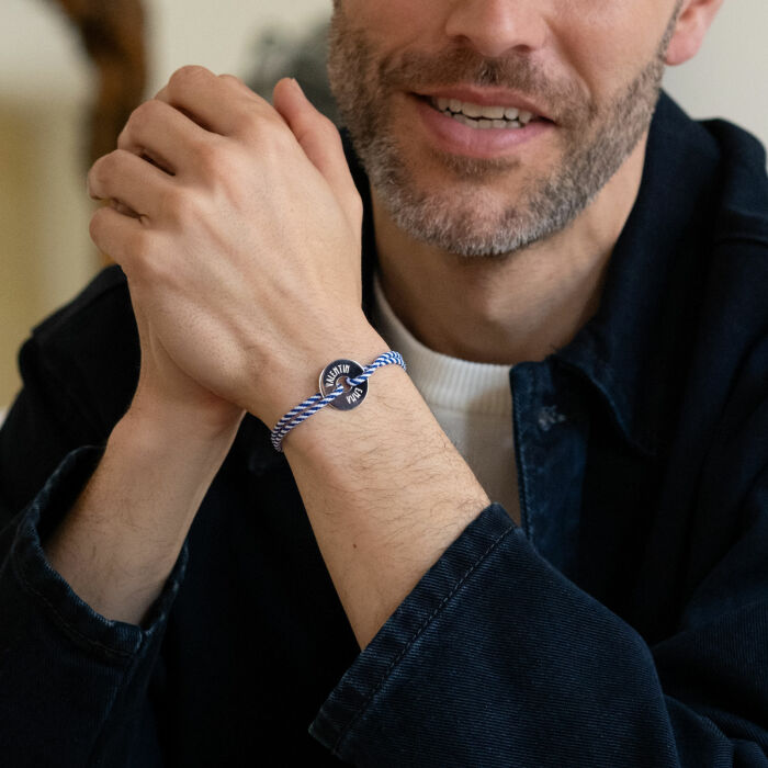 Pulsera hombre personalizada cordón trenzado marino diana grabada plata 20 mm