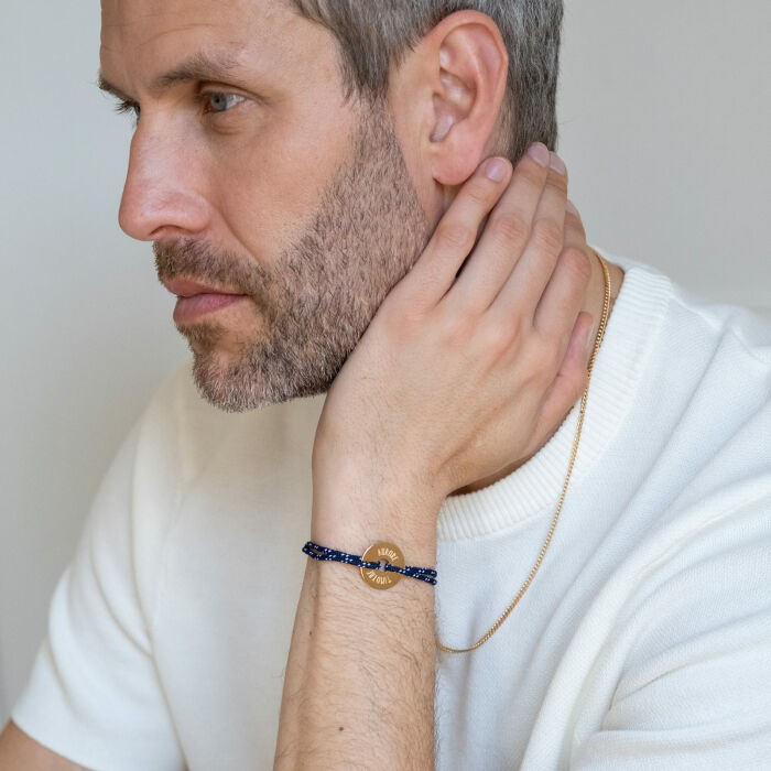 Men's Marine Cord Personalised Bracelet with Gold-Plated Open Disc Charm 20 mm