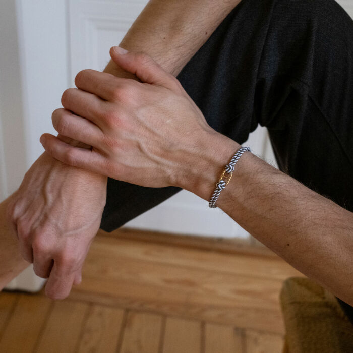 Pulsera hombre cordón trenzado doble eslabón marino baño oro 15,4x9 mm