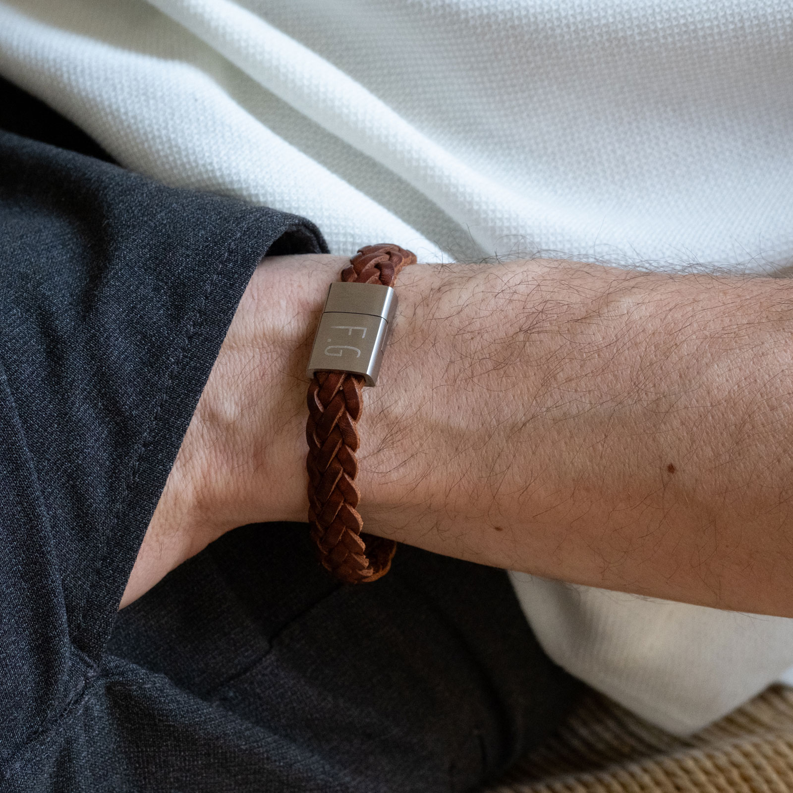 Men's Personalised Braided Leather Bracelet with Engraved Steel