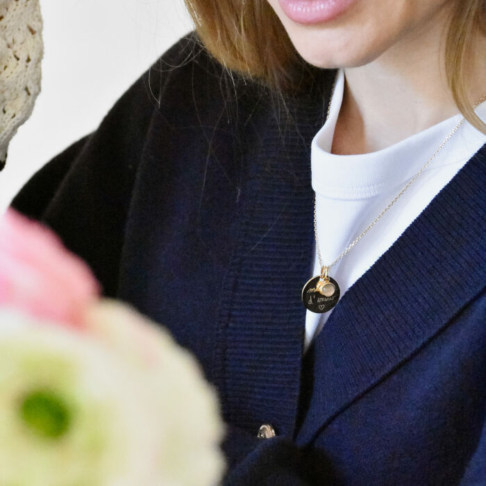 Personalised Engraved Gold-Plated 19 mm Pendant with Gemstone Charm 8 mm