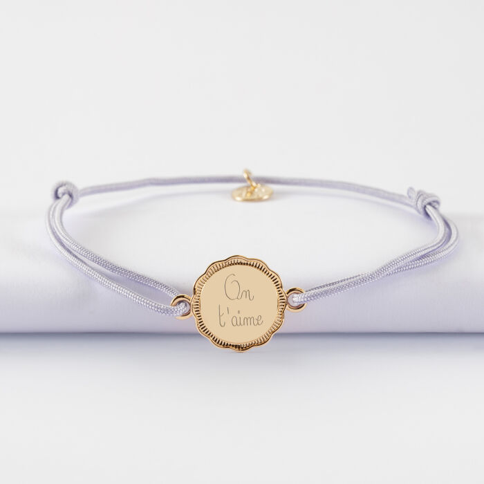 Bracelet personnalisé médaille contour fleur gravée plaqué or 2 trous 15 mm - écrit