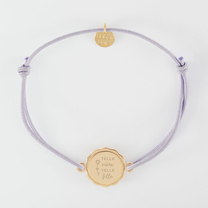 Bracelet personnalisé médaille contour fleur gravée plaqué or 2 trous 15 mm - illustration