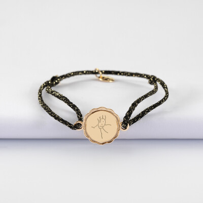 Bracelet personnalisé cordon pailleté médaille contour fleur gravée plaqué or 2 trous 15 mm - dessin