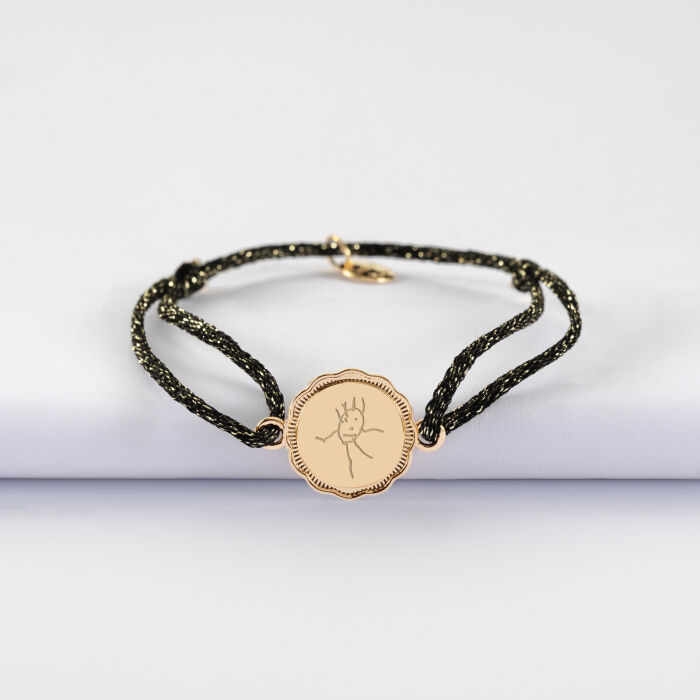 Bracelet personnalisé cordon pailleté médaille contour fleur gravée plaqué or 2 trous 15 mm - dessin