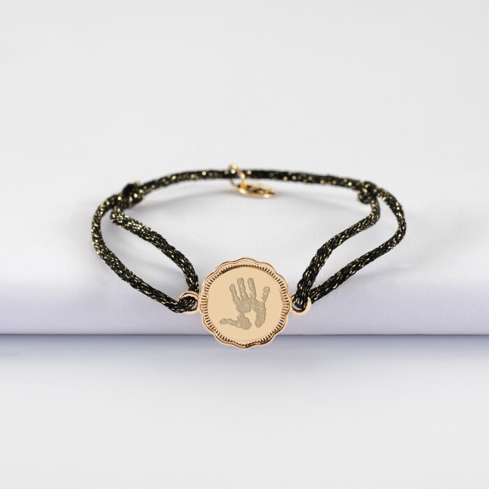 Bracelet personnalisé cordon pailleté médaille contour fleur gravée plaqué or 2 trous 15 mm - empreinte