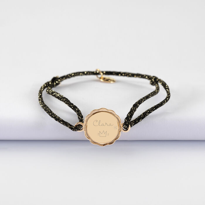 Bracelet personnalisé cordon pailleté médaille contour fleur gravée plaqué or 2 trous 15 mm - verso - texte pictogramme