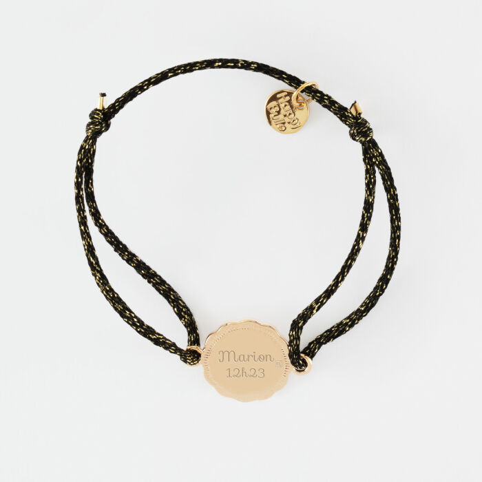 Bracelet personnalisé cordon pailleté médaille contour fleur gravée plaqué or 2 trous 15 mm - verso - texte