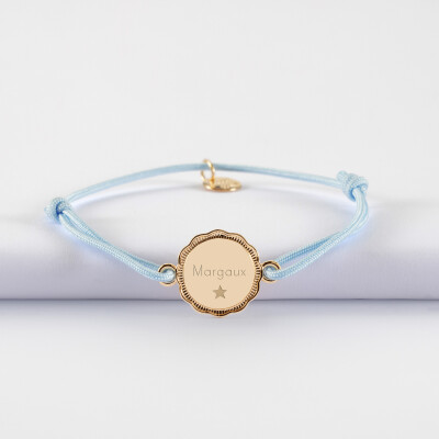 Bracelet enfant personnalisé médaille contour fleur gravée plaqué or 2 trous 15 mm - texte pictogramme