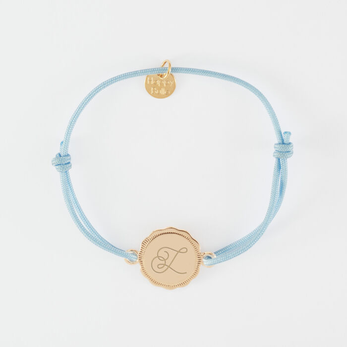 Bracelet enfant personnalisé médaille contour fleur gravée plaqué or 2 trous 15 mm - illustration