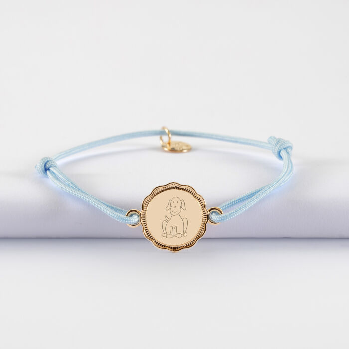 Bracelet enfant personnalisé médaille contour fleur gravée plaqué or 2 trous 15 mm - dessin