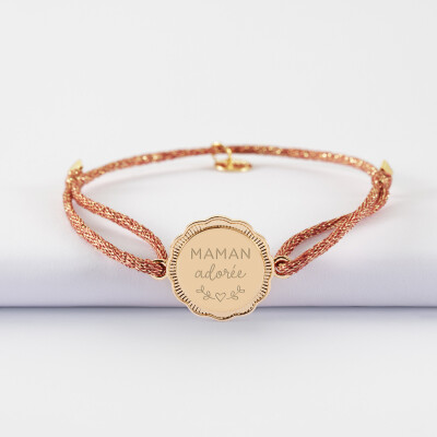 Bracelet personnalisé cordon pailleté médaille contour fleur gravée plaqué or 2 trous 18 mm - illustration