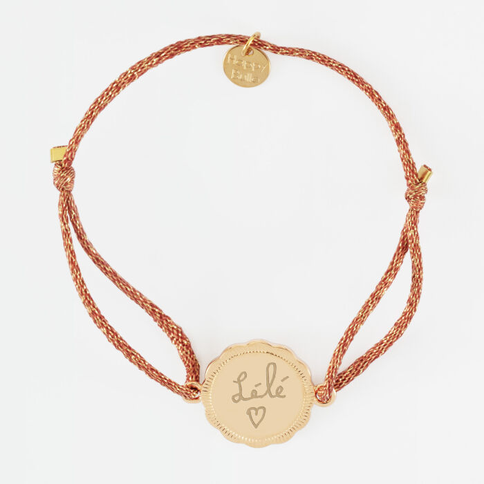 Bracelet personnalisé cordon pailleté médaille contour fleur gravée plaqué or 2 trous 18 mm - écrit