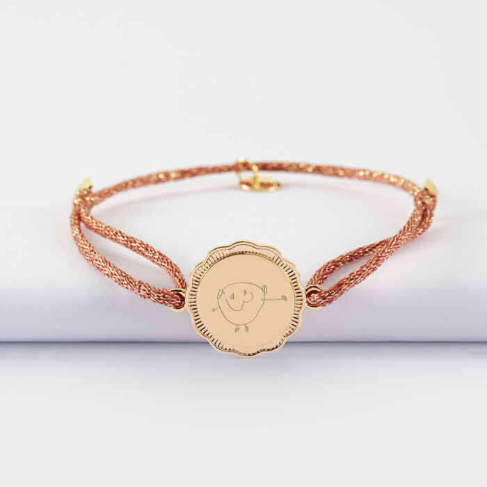 Bracelet personnalisé cordon pailleté médaille contour fleur gravée plaqué or 2 trous 18 mm - dessin