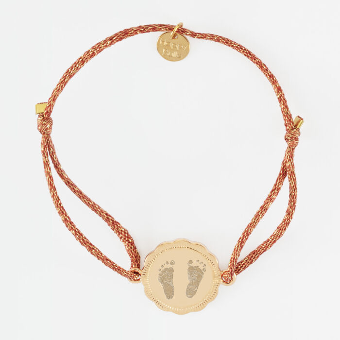 Bracelet personnalisé cordon pailleté médaille contour fleur gravée plaqué or 2 trous 18 mm - empreinte