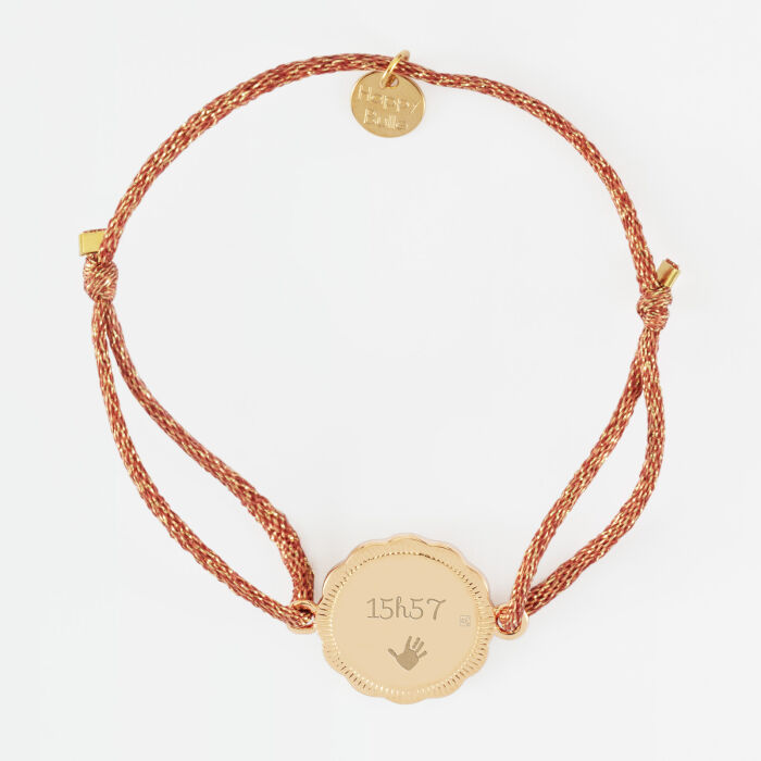 Bracelet personnalisé cordon pailleté médaille contour fleur gravée plaqué or 2 trous 18 mm - verso - texte picto