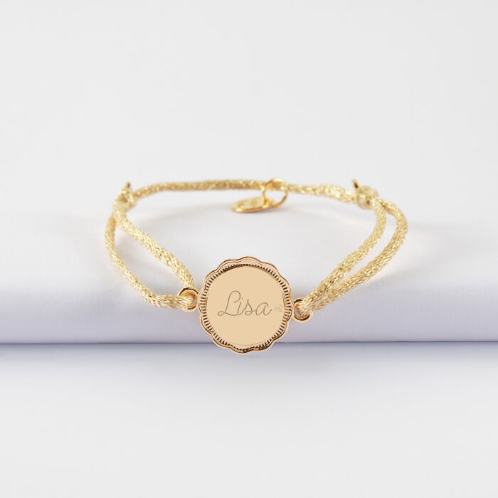 Bracelet enfant personnalisé cordon pailleté médaille contour fleur gravée plaqué or 2 trous 15 mm - verso - prénom