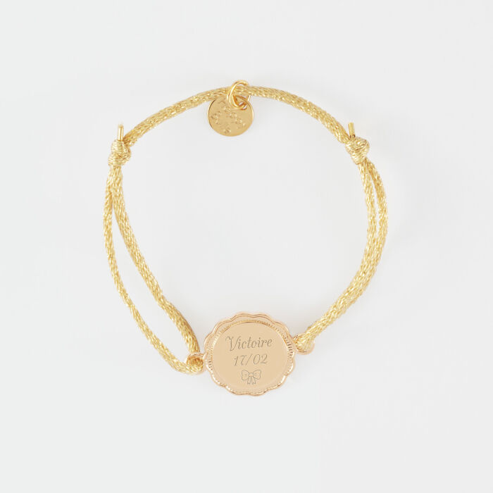 Bracelet enfant personnalisé cordon pailleté médaille contour fleur gravée plaqué or 2 trous 15 mm - texte pictogramme