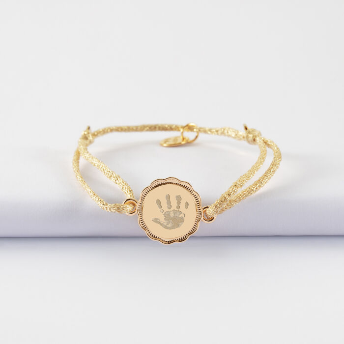 Bracelet enfant personnalisé cordon pailleté médaille contour fleur gravée plaqué or 2 trous 15 mm - empreinte