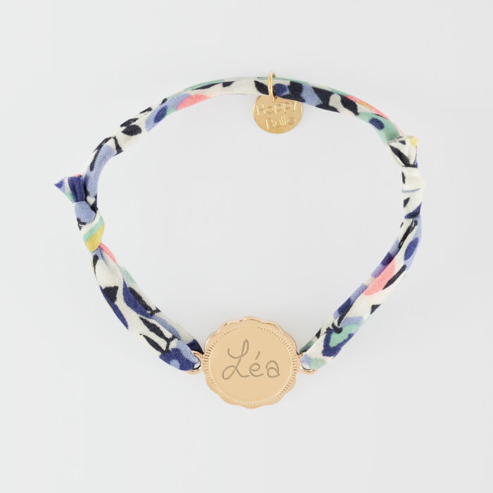 Bracelet enfant Liberty personnalisé médaille contour fleur gravée plaqué or 2 trous 15 mm - écrit