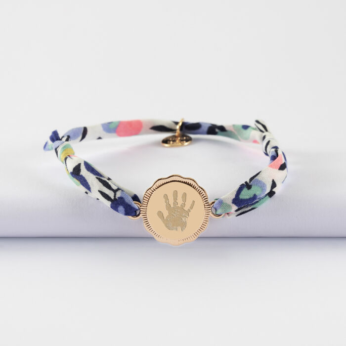Bracelet enfant Liberty personnalisé médaille contour fleur gravée plaqué or 2 trous 15 mm - empreinte