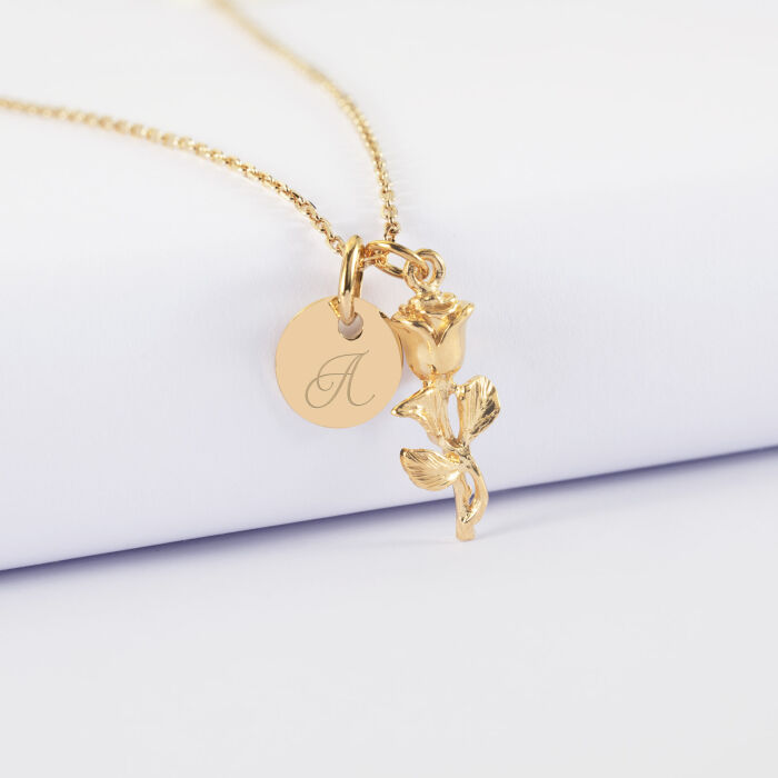 Pendentif personnalisé médaille gravée plaqué or 10 mm et breloque rose 19 mm
