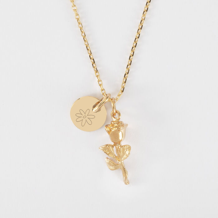 Pendentif personnalisé médaille gravée plaqué or 10 mm et breloque rose 19 mm