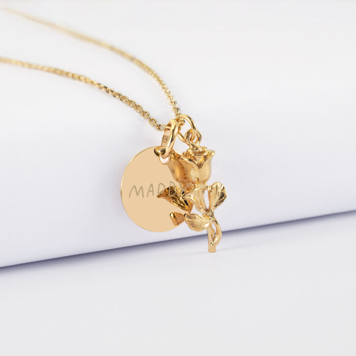 Pendentif personnalisé médaille gravée plaqué or 15 mm et breloque rose 19 mm