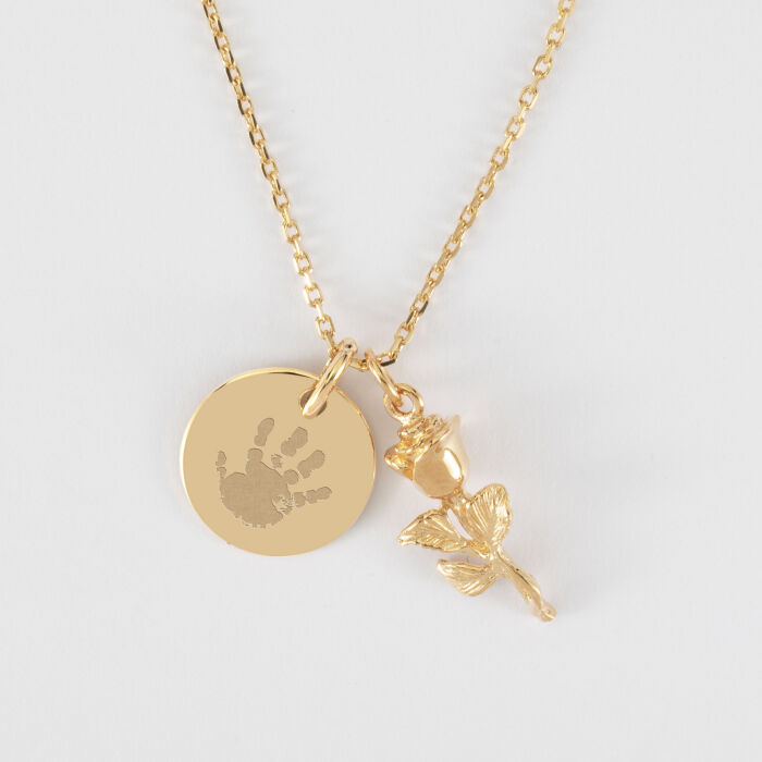 Pendentif personnalisé médaille gravée plaqué or 15 mm et breloque rose 19 mm