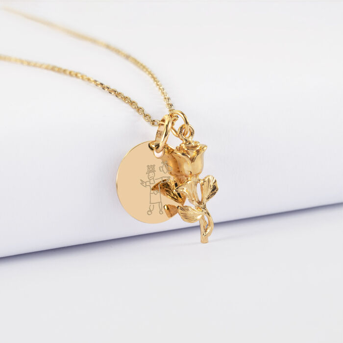 Pendentif personnalisé médaille gravée plaqué or 15 mm et breloque rose 19 mm