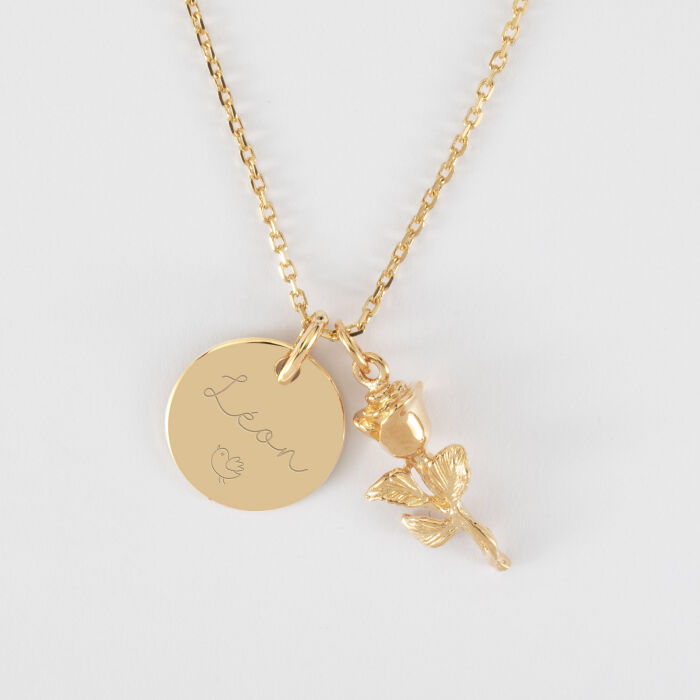 Pendentif personnalisé médaille gravée plaqué or 15 mm et breloque rose 19 mm