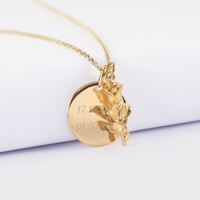 Pendentif personnalisé médaille gravée plaqué or 19 mm et breloque rose 19 mm