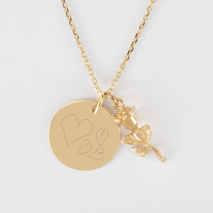 Pendentif personnalisé médaille gravée plaqué or 19 mm et breloque rose 19 mm