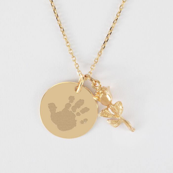 Pendentif personnalisé médaille gravée plaqué or 19 mm et breloque rose 19 mm