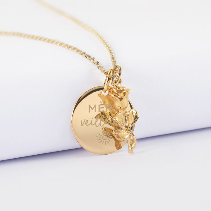 Pendentif personnalisé médaille gravée plaqué or 19 mm et breloque rose 19 mm