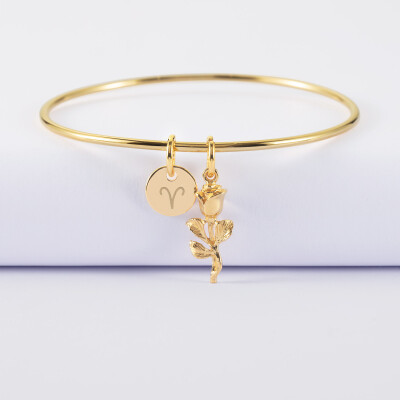 Bracelet personnalisé jonc plaqué or médaille gravée 10 mm et breloque rose 19 mm