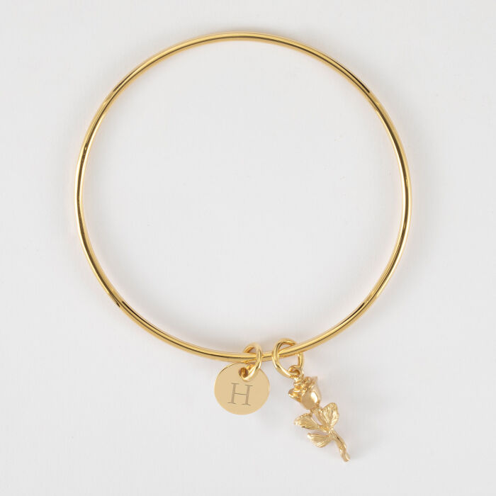 Bracelet personnalisé jonc plaqué or médaille gravée 10 mm et breloque rose 19 mm