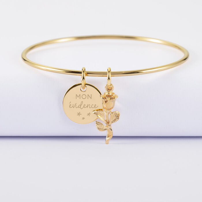 Bracelet personnalisé jonc plaqué or médaille gravée 15 mm et breloque rose 19 mm