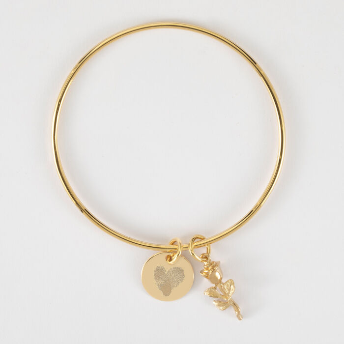 Bracelet personnalisé jonc plaqué or médaille gravée 15 mm et breloque rose 19 mm