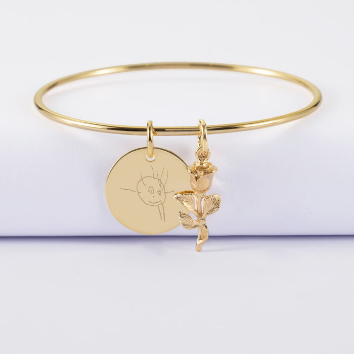 Bracelet personnalisé jonc plaqué or médaille gravée 19 mm et breloque rose 19 mm