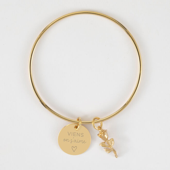 Bracelet personnalisé jonc plaqué or médaille gravée 19 mm et breloque rose 19 mm