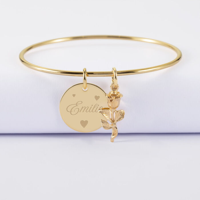 Bracelet personnalisé jonc plaqué or médaille gravée 19 mm et breloque rose 19 mm