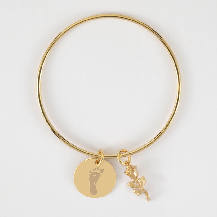 Bracelet personnalisé jonc plaqué or médaille gravée 19 mm et breloque rose 19 mm