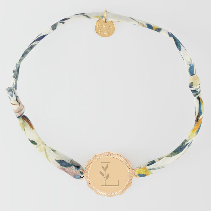 Bracelet Liberty personnalisé médaille contour fleur gravée plaqué or 2 trous 18 mm - illustration
