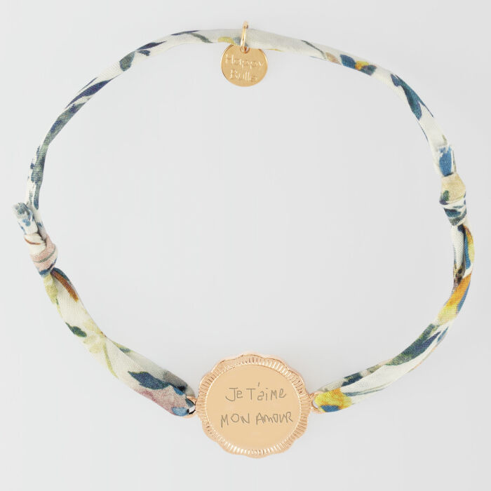 Bracelet Liberty personnalisé médaille contour fleur gravée plaqué or 2 trous 18 mm - ecrit